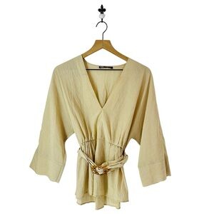 Zara‎ Gauze Drop Shoulder Belted V-Neck Top Small Beige